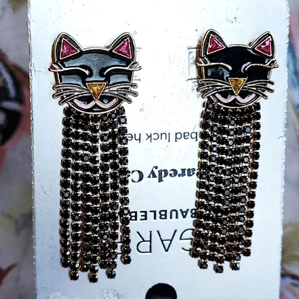 SugarFix BaubleBar Scaredy Black Cat Rhinestone Prong Set Pierced Earrings NWT